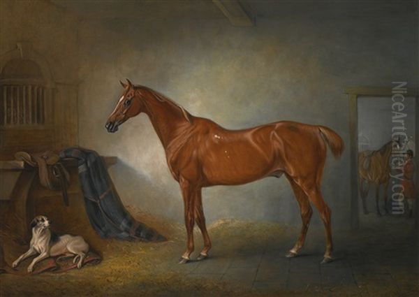 Lord Henry Bentinck's Chestnut Hunter Firebird And Policy, A Foxhound, In A Loose Box Oil Painting by John E. Ferneley