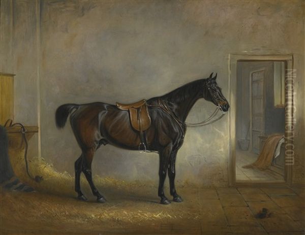 A Saddled Dark Bay Hunter In A Loose Box Oil Painting by John E. Ferneley