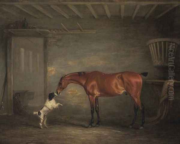 Bay Hunter With A Poodle In A Stable Oil Painting by John E. Ferneley