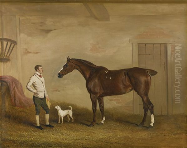 Portrait Of A Chestnut Hunter In A Stable, With A Groom And Terrier Oil Painting by John E. Ferneley