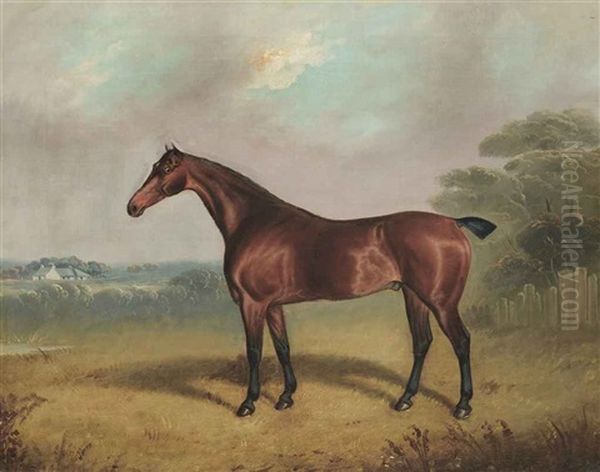 A Favourite Chestnut Hunter Namur In An Extensive Landscape, With A Cottage Beyon; Three Further Equestrian Portraits Of Bessie, Castor, And Arion (4 Works) Oil Painting by John E. Ferneley