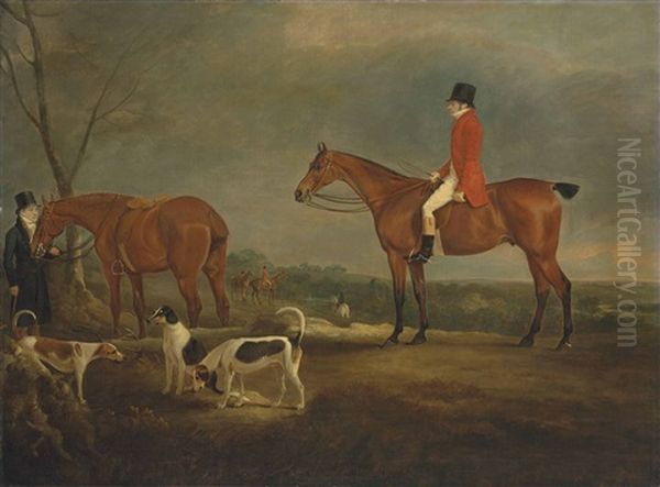 Portrait Of Mr. White, On A Hunter With Hounds, A Groom Holding Another Mount To The Left Oil Painting by John E. Ferneley