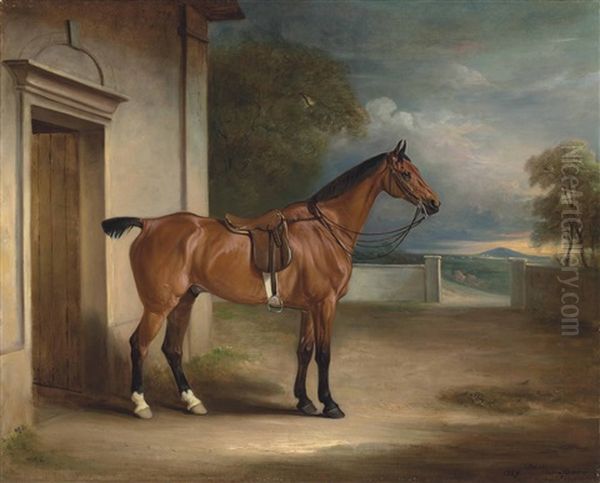 A Saddled Hunter In A Stable Yard, A Wooded Landscape Beyond by John E. Ferneley