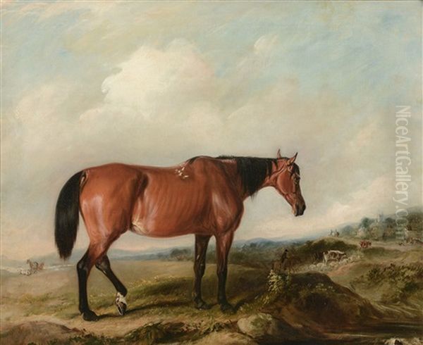 Thomas Paget's Favoured Horse Maggie: A Bay Mare In A Landscape Oil Painting by John E. Ferneley