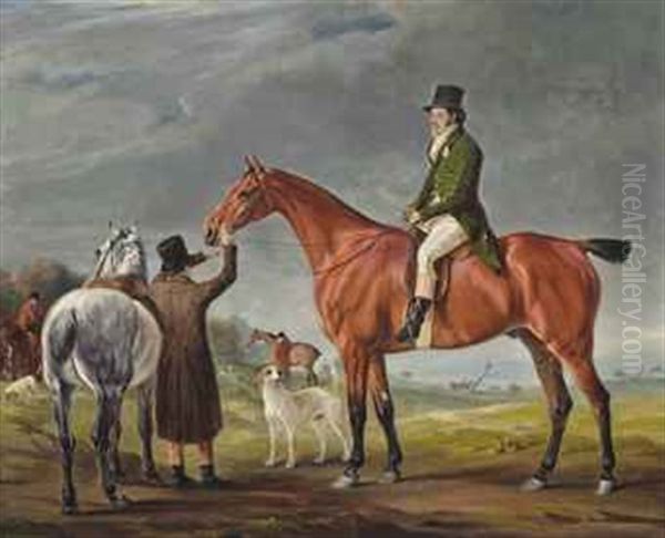 Frank Nedham Of Hungerton, Leicestershire, On A Bay Hunter, With His Groom Sam Champan Oil Painting by John E. Ferneley