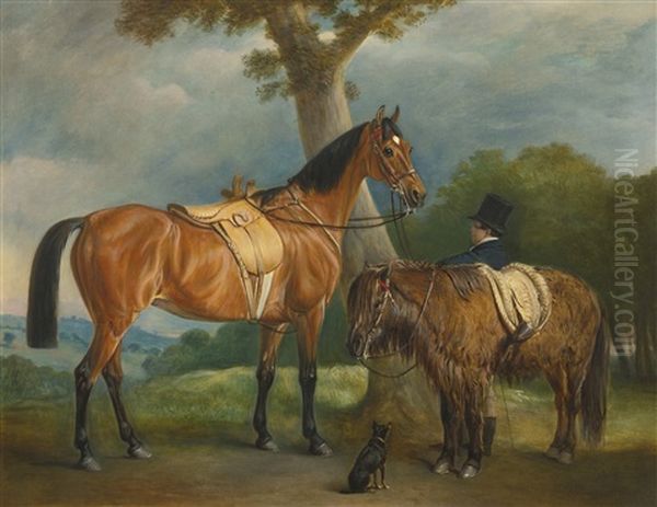 Lady Thorold's Hunter And Shetland Pony With Groom Oil Painting by John E. Ferneley