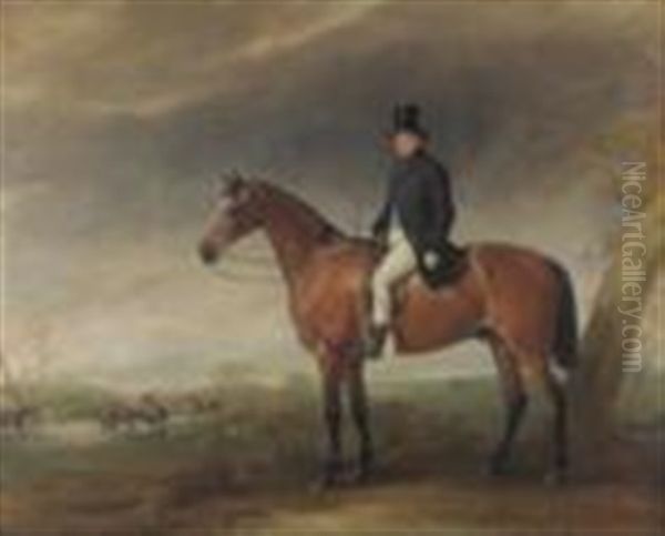 Mr Collins, June, On A Hunter With Huntsmen And Hounds In The Distance Oil Painting by John E. Ferneley