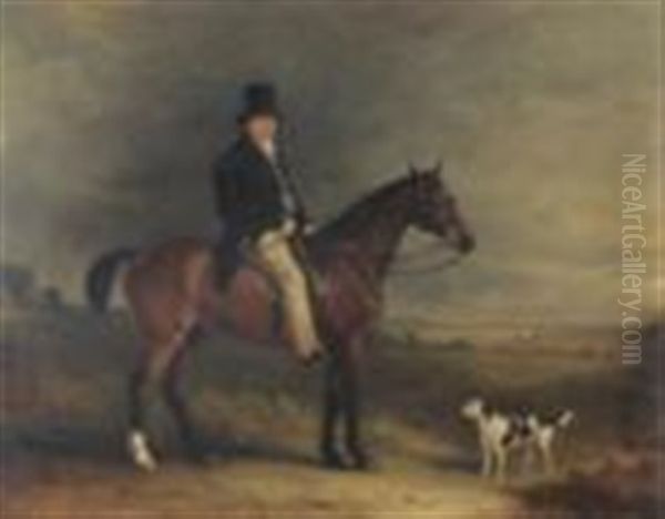 Mr George Marriott, On A Brown Hunter With A Black And White Dog Nearby Oil Painting by John E. Ferneley