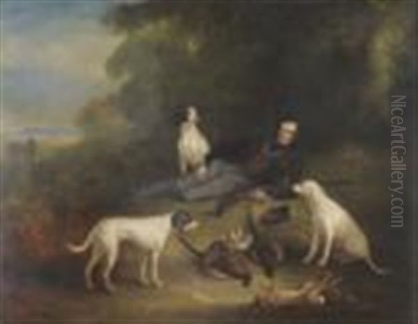 E H Reynard Esq With His Shotgun And Sporting Dogs In A Landscape Oil Painting by John E. Ferneley