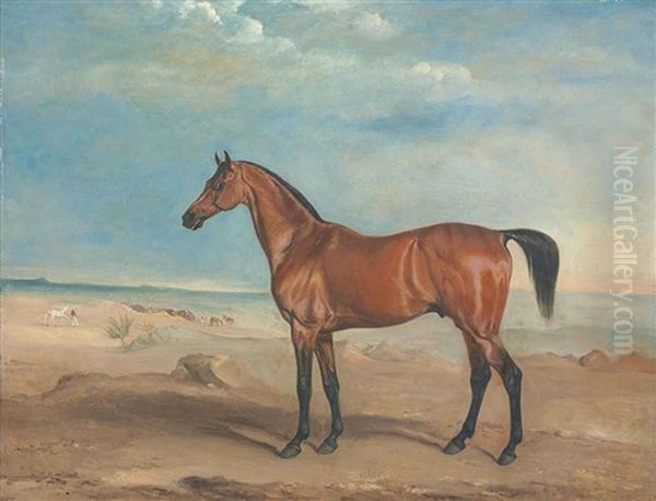 The Arab Stallion Orelio In A Desert Landscape, Other Horses And Figures Beyond Oil Painting by John E. Ferneley