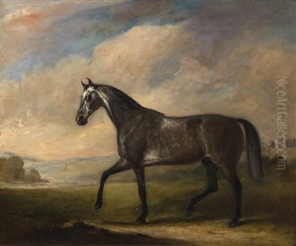 A Dappled Grey Horse In An Extensive Landscape Oil Painting by John E. Ferneley