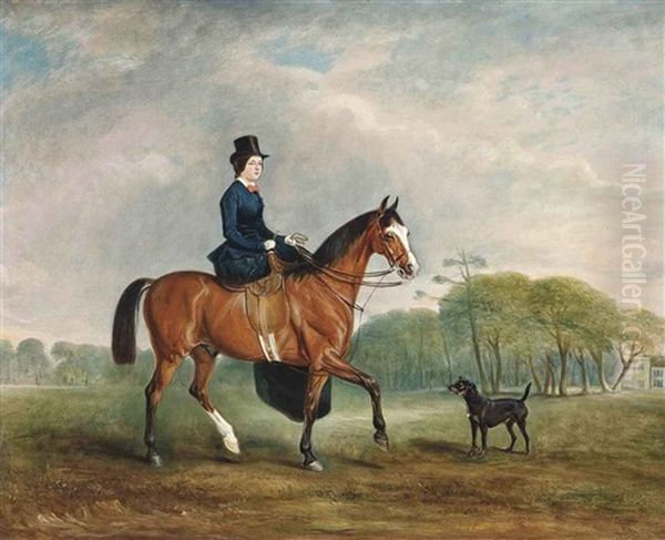 Miss Felicia Elizabeth Welby, Later Lady Lindsay, On A Bay Hunter, With Allington Hall Beyond Oil Painting by John E. Ferneley