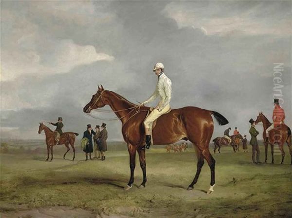 Clinker With Captain Horatio Ross Up, Radical With Captain Douglas Up And Other Horses Beyond Oil Painting by John E. Ferneley