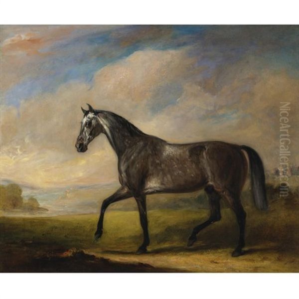 A Dappled Grey Horse In An Extensive Landscape Oil Painting by John E. Ferneley