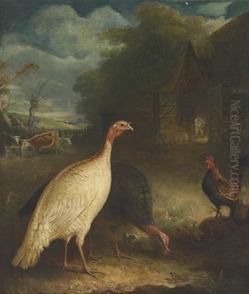 Poultry And Cattle In A Farmyard Oil Painting by John E. Ferneley