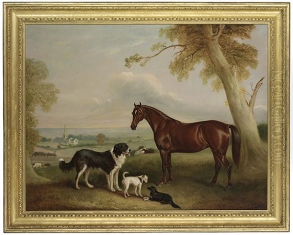 A Hunter And Three Dogs, The Property Of William Brewitt, Esq., With A Steam Train And The Church Of Kirby Bellars, Near Melton Mowbray, Leicestershire, Beyond Oil Painting by John E. Ferneley