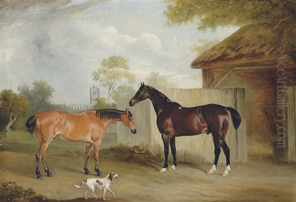 Mr William Massey Stanley's Hunters "eventful" And "ranksbro" With A Dog Oil Painting by John E. Ferneley