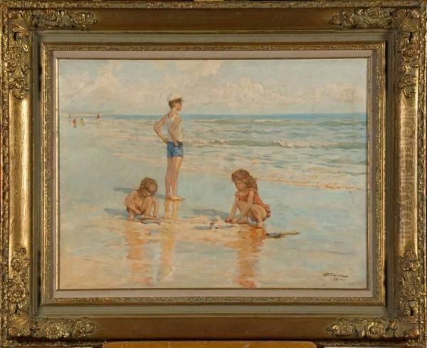 Enfants Jouant A La Plage Oil Painting by Charles Garabed Atamian