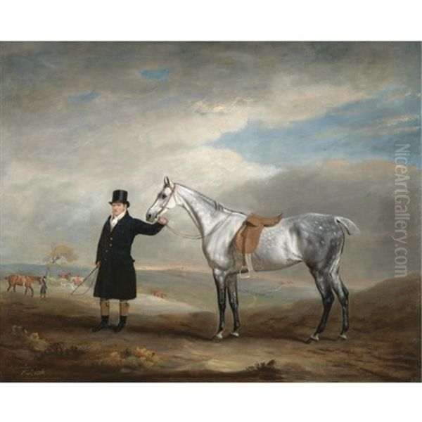 Lord Herbert's Grey Mare Being Held By A Groom, A Hunt Beyond Oil Painting by John E. Ferneley