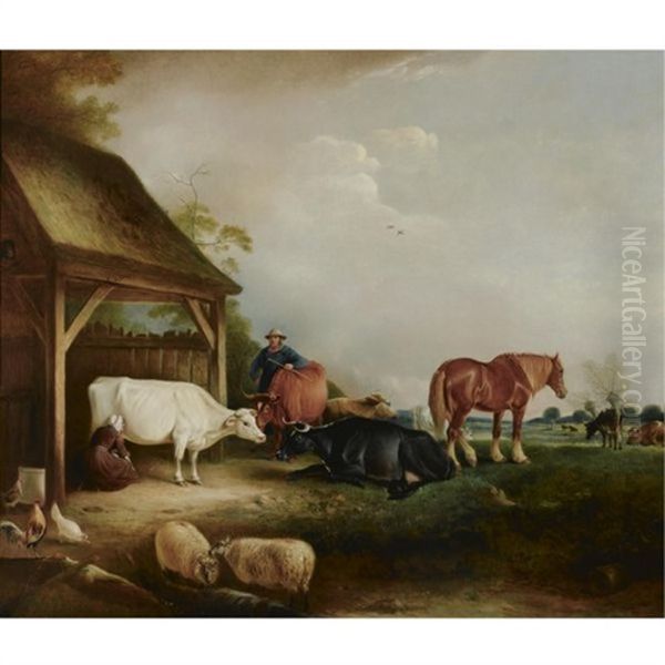 A Herdsman With Cattle, Sheep And Chickens Oil Painting by John E. Ferneley