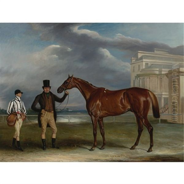 Sir J. Boswell's General Chasse With Trainer And Jockey Holmes At Aintree Racecourse Oil Painting by John E. Ferneley