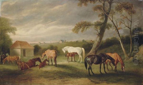 Mares And Foals In An Extensive Landscape Oil Painting by John E. Ferneley