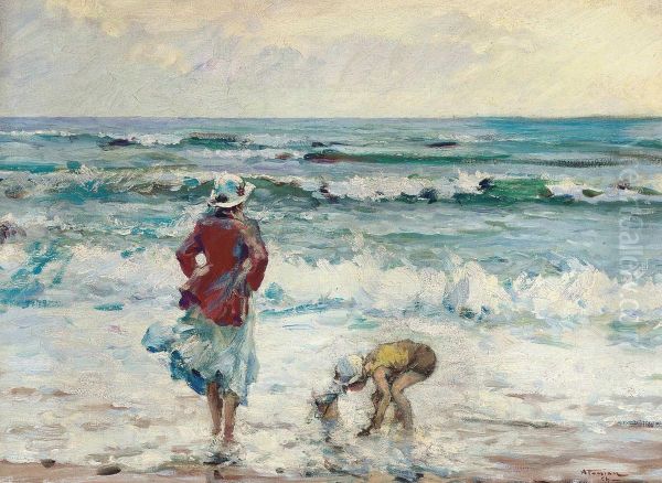 Mere Et Enfant Jouant Sur La Plage Oil Painting by Charles Garabed Atamian