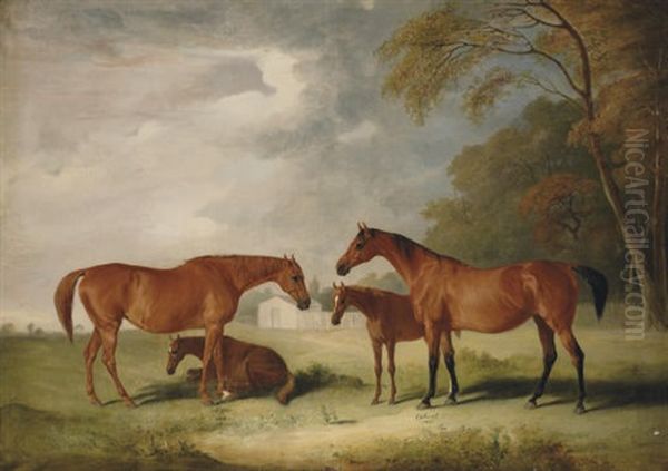 "filigree" And Her Daughter "cobweb," With Foals In A Landscape Oil Painting by John E. Ferneley