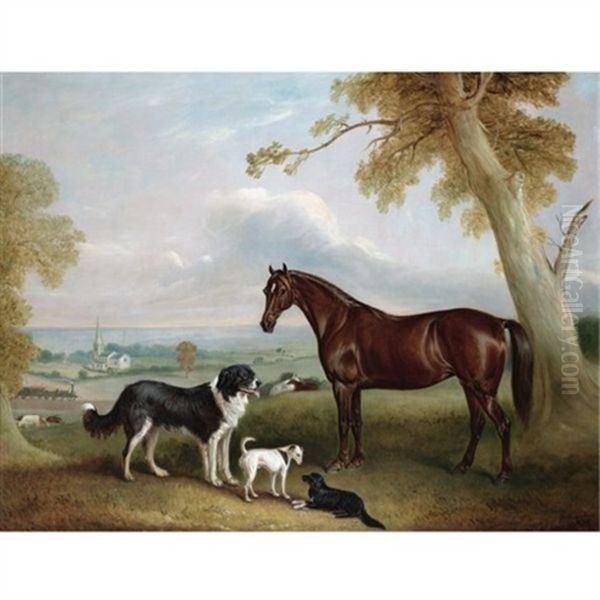 A Chestnut Hunter And Three Dogs Belonging To William Brewitt In A Landscape With A Steam Train And Two Churches In The Distance Oil Painting by John E. Ferneley