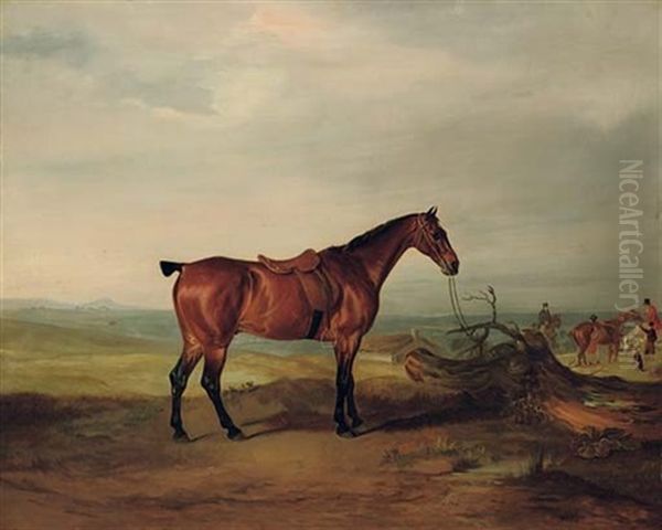 A Saddled Bay Hunter In A Landscape, With Huntsmen And Hounds Beyond Oil Painting by John E. Ferneley