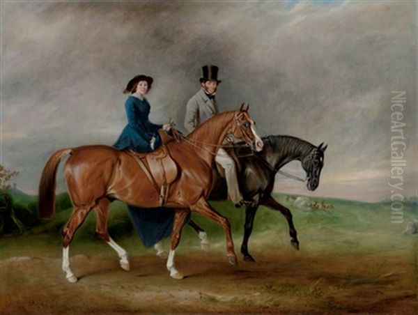 Thomas Tertius Paget And His Wife, Geraldine Mccausland, Riding On Satan And Jessica In Bradgate Park, Leicestershire Oil Painting by John E. Ferneley