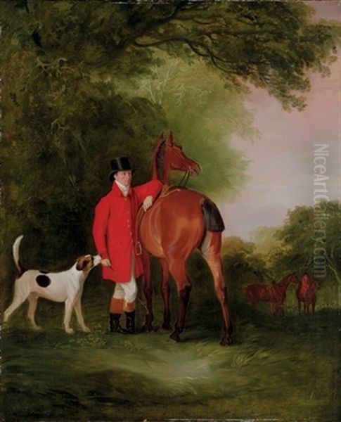 Portrait Of Lord Lismore In Hunting Costume, Standing With His Horse And Hound In A Landscape Oil Painting by John E. Ferneley