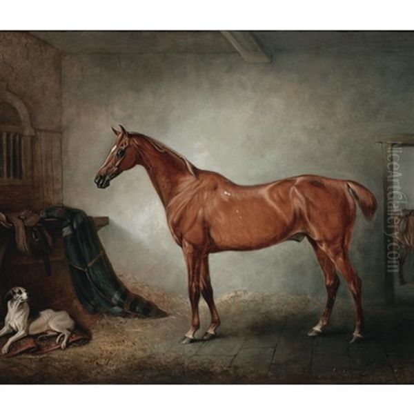 Firebird, A Chestnut Hunter, And Policy, A Foxhound, In A Loose Box Oil Painting by John E. Ferneley