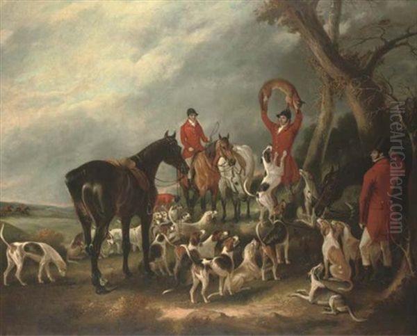 The Finish Of A Run With The Quorn Hunt, With The Huntsmen (from Right To Left) Sir Harry Goodricke (master Of The Hounds), Mountford (huntsman), Beers (whipper-in), And Will Derry (whipper-in) Oil Painting by John E. Ferneley