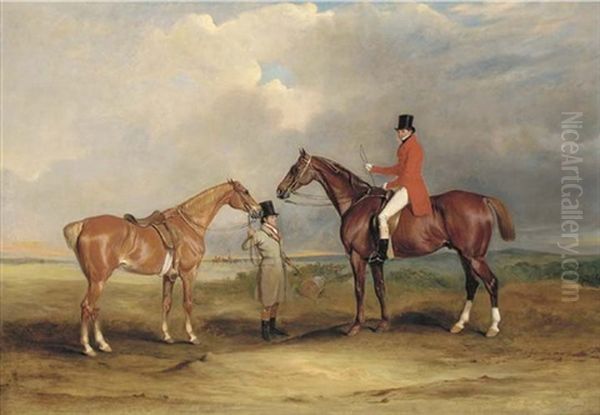 Portrait Of John Drummond On A Hunter, With A Groom Holding His Second Horse, In A Landscape, A Hunting Party Beyond Oil Painting by John E. Ferneley