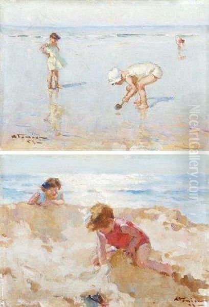 Enfants Sur La Plage. Oil Painting by Charles Garabed Atamian