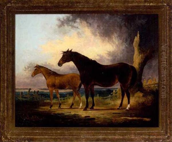 Horses In A Landscape Oil Painting by John E. Ferneley