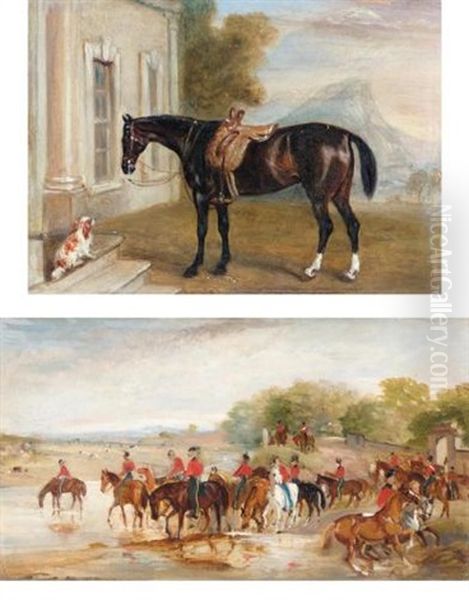 Light Dragoons Watering Their Mounts (+ A Dark Bay Hunter Outside A House With A Spaniel; 2 Works) Oil Painting by John E. Ferneley