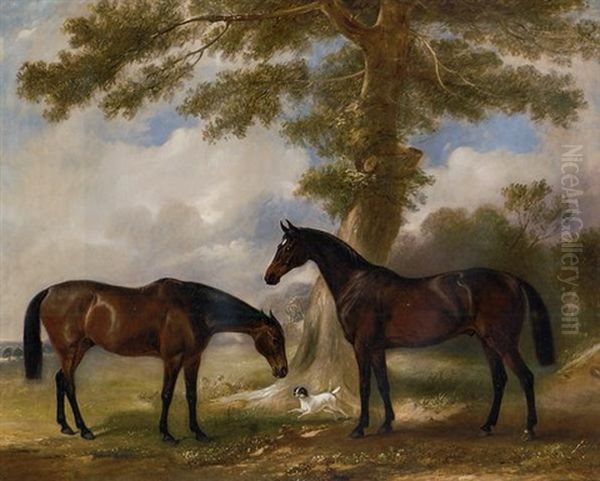 Two Bay Mares With A Terrier By A Tree, In A Landscape Oil Painting by John E. Ferneley