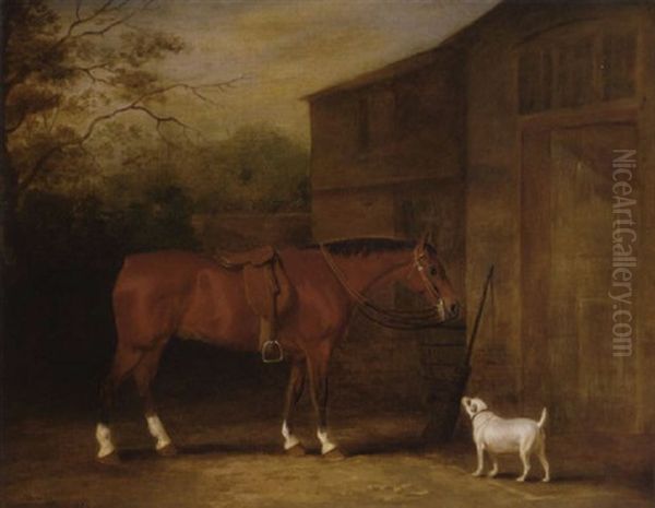 A Bay Hunter And A Dog Outside A Stable Oil Painting by John E. Ferneley