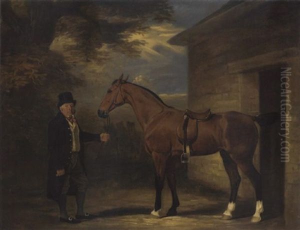 A Gentleman With A Bay Hunter Outside A Stable Oil Painting by John E. Ferneley