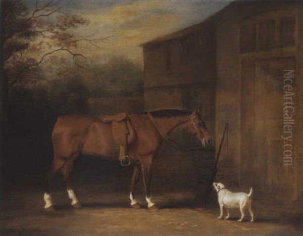 A Bay Hunter And A Dog Outside A Stable Oil Painting by John E. Ferneley