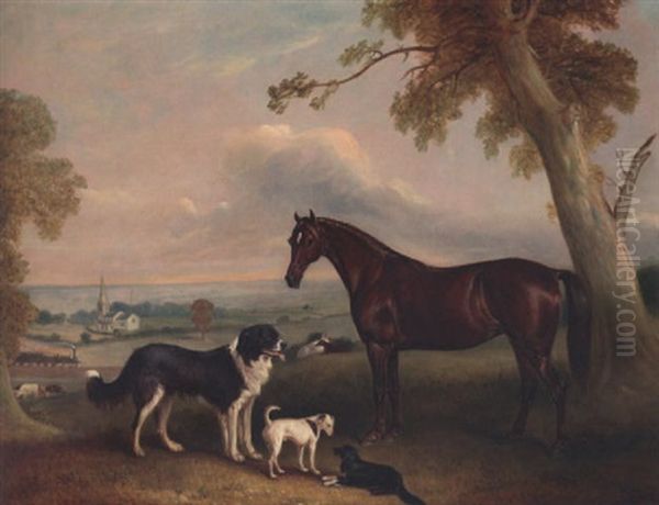 A Bay Pony And Three Dogs, The Property Of William Brevitt, Esq., In An Extensive Landscape, A Steam Train And Two Churches In The Distance Oil Painting by John E. Ferneley