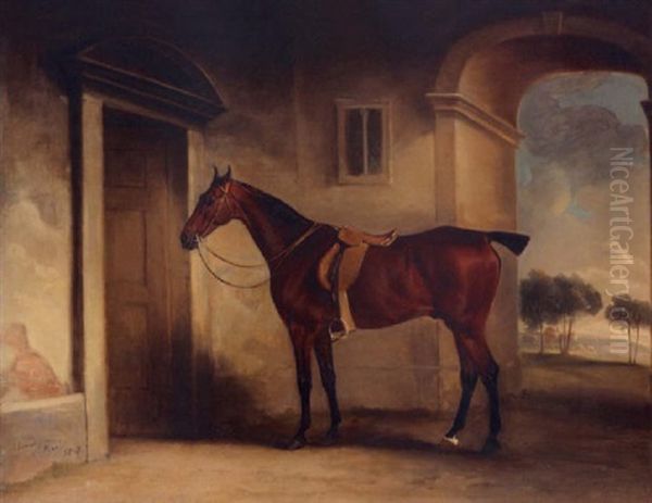 A Saddled Bay Hunter In A Stableyard Oil Painting by John E. Ferneley