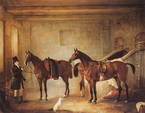 Sir John Thorold's Bay Hunters With Their Groom In A Stable Oil Painting by John E. Ferneley