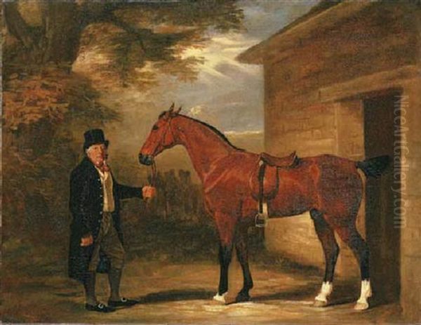 A Gentleman With A Bay Hunter Outside A Stable Oil Painting by John E. Ferneley