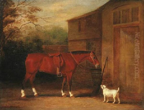 A Bay Hunter And Dog Outside A Stable Oil Painting by John E. Ferneley