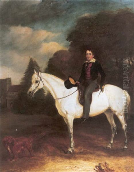 A Boy Seated On His Grey Pony In A Landscape, A Church Beyond Oil Painting by John E. Ferneley