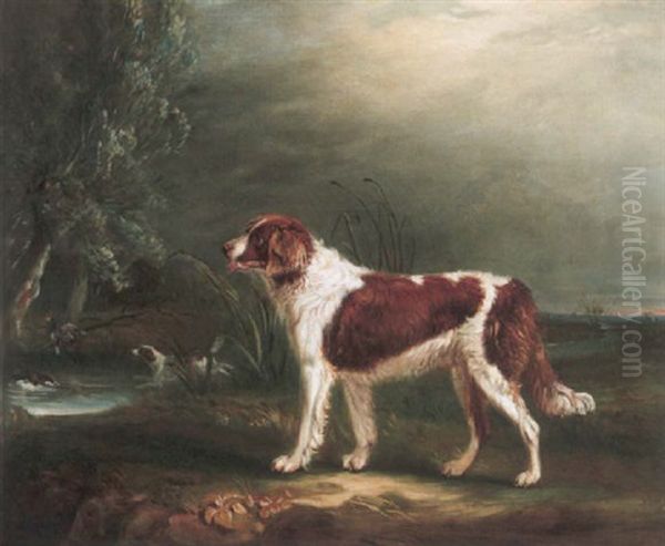 Two Spaniels By A Stream, One Putting Up Mallard Oil Painting by John E. Ferneley