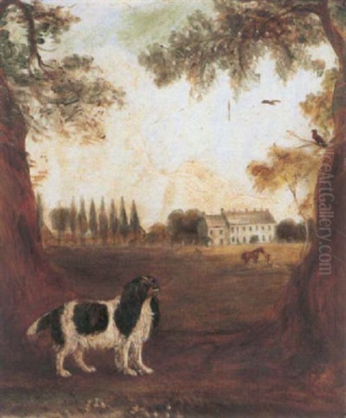 A King Charles Spaniel In A Park, A Country House Beyond Oil Painting by John E. Ferneley